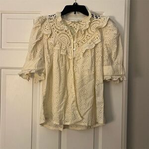 House of Harlow 1960 Women's Beige Ruffle Eyelet Blouse Size M